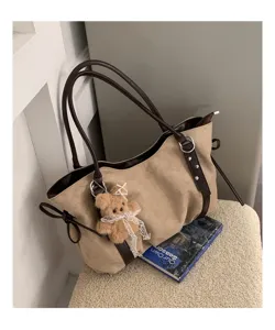 Autumn winter large capacity suede tote bag vintage shoulder handbag with cute bear pendant