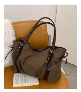 Brown suede tote bag for women, large capacity shoulder bag, casual everyday handbag.
