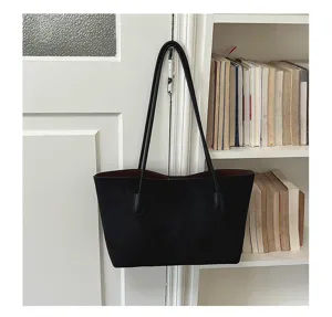 Black suede tote bag for women, large capacity minimalist shoulder bag with double straps.