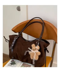 Brown suede tote bag for women, stylish underarm shoulder bag with cute bear pendant, autumn winter.