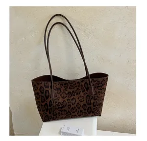 Vintage retro leopard print suede tote shoulder bag for women, large capacity handbag.