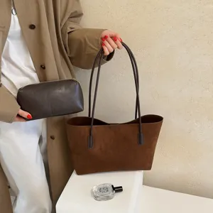 Retro suede tote bag for women, large capacity shoulder handbag and matching pouch set.