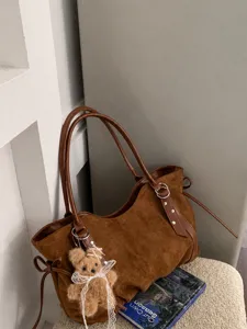 Brown suede tote bag for women autumn winter fashion large capacity shoulder bag with cute bear.