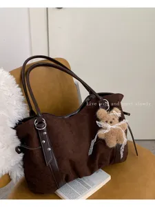 Autumn winter large capacity suede tote bag vintage brown shoulder commuter bag with cute bear.