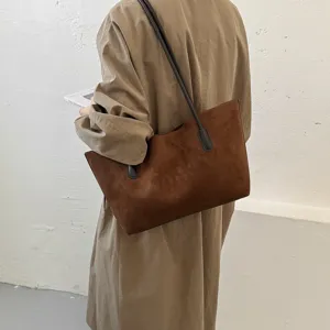 Retro suede tote bag for women, large capacity minimalist shoulder bag for daily outfit.