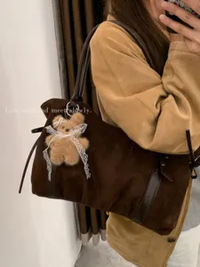 Autumn winter large capacity suede tote bag women shoulder commuting bag with cute bear charm