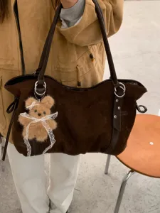 Autumn winter large capacity women suede tote bag versatile shoulder commuter bag with bear