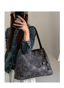 Bolso de hombro vintage con estampado de leopardo para mujer, bolso grande tipo tote retro.