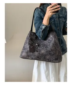 Bolso de hombro vintage con estampado de leopardo gran capacidad shopper mujer