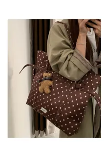 Bolso tote informal de lona con lunares de gran capacidad y bonito colgante de oso.