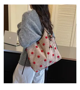 Vintage suede shoulder tote bag with cute red fuzzy polka dots for women daily fashion style.