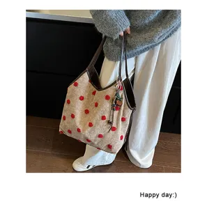 Retro plush polka dot suede shoulder tote bag for women, vintage casual underarm handbag.