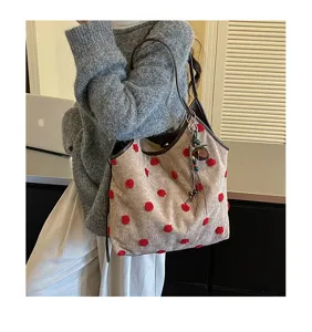 Retro plush polka dot faux suede shoulder bag, stylish casual women's tote underarm handbag.