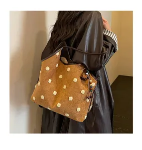 Retro plush polka dot suede shoulder tote bag, stylish underarm handbag for women daily wear.