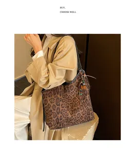 Retro leopard print shoulder tote bag for women, chic suede underarm handbag with stylish charm.