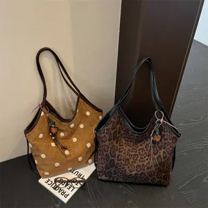 Retro vintage suede tote bag for women, chic leopard and polka dot shoulder underarm bags.