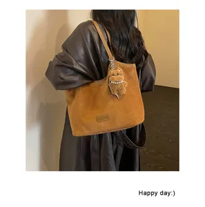 Vintage large capacity suede tote bag for women, minimalist solid color shoulder bag.