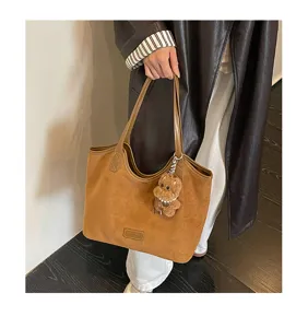 Retro large capacity suede tote bag for women, simple solid color vintage shoulder bag.