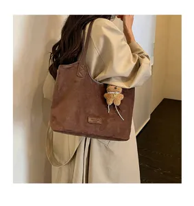 Retro large capacity suede tote bag for women, minimalist solid color underarm shoulder bag.