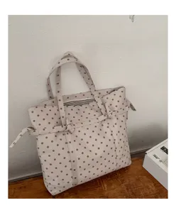 Bolso tote de lona con lunares beige casual, bolso de hombro de gran capacidad.