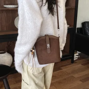 Borsa a Secchiello in Camoscio Marrone Stile Francese Retro Donna Elegante Tracolla Chic
