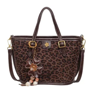 Women brown leopard print suede tote bag, stylish top handle shoulder handbag for daily use.