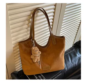 Retro large capacity suede tote bag for women, stylish brown solid color shoulder bag.