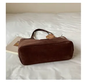 Retro large capacity suede tote bag, solid color casual shoulder underarm bag for women daily use.