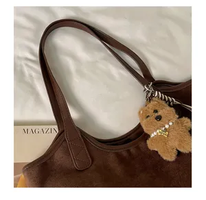 Retro brown suede tote bag minimalist underarm shoulder bag with cute plush bear pendant