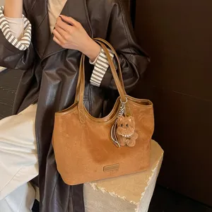 Retro large capacity suede tote bag women minimalist solid color shoulder bag main view display
