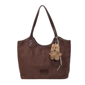 Vintage large capacity suede tote bag for women, minimalist solid color shoulder bag.