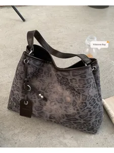 Bolso tote con estampado de leopardo retro para mujer, bolso de hombro vintage elegante.