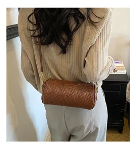 Retro Woven Cylinder Crossbody Bag Women PU Leather Pillow Shoulder Bag Chic Handbag