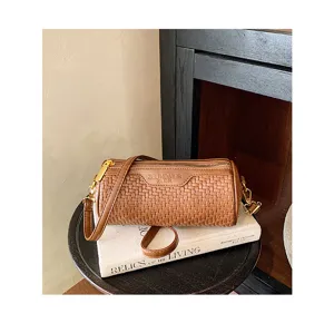 Vintage brown woven barrel shoulder bag, stylish crossbody pillow bag for women daily wear.