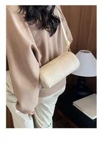 Retro woven cylindrical shoulder bag women chic crossbody pillow bag casual daily handbag beige