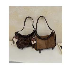 Autumn winter women underarm shoulder bag suede leopard tote casual crossbody bag with cute pendant