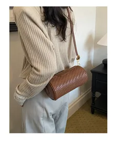 Brown woven cylindrical shoulder bag retro pillow crossbody bag stylish daily handbag for women
