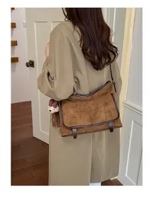 Autumn winter women brown suede shoulder bag casual crossbody messenger bag with cute pendant