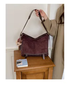 Autumn winter women suede shoulder bag versatile casual soft tote crossbody bag detail view