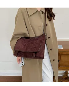 Autumn winter women's suede shoulder bag vintage crossbody messenger bag retro brown tote purse