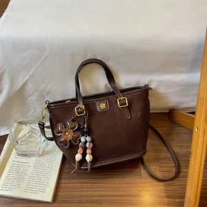 Brown suede handbag women stylish tote bag retro shoulder messenger bag with floral charm