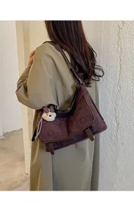 Women autumn winter suede shoulder bag versatile underarm hobo bag with cute bear pendant