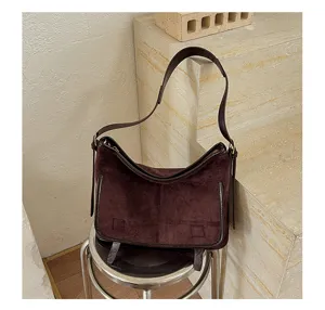 Dark brown suede women underarm shoulder bag simple versatile soft tote bag detail view