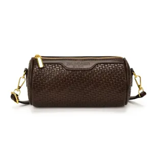 Brown woven leather cylinder shoulder bag retro chic crossbody pillow handbag for women