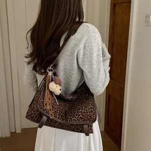 Women leopard print shoulder bag faux suede underarm tote bag casual messenger handbag