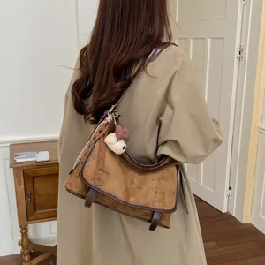 Women brown suede shoulder bag retro underarm tote versatile casual crossbody bag for autumn winter