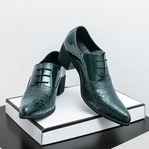 Heren donkergroen lakleer blokhak veterschoenen puntige neus detailweergave hier.