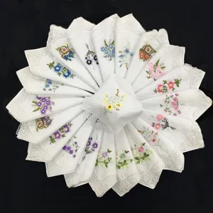 Damen Baumwolle bestickte Taschentücher Set, 28cm Blumen Spitzen Handtücher 12 Stk. Pack.