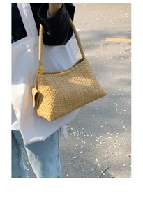 Close up detail of stylish woven shoulder bag, elegant commuting style, premium texture design.
