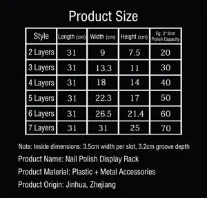 Detailed size chart and multi-tier specifications for nail polish display storage rack.